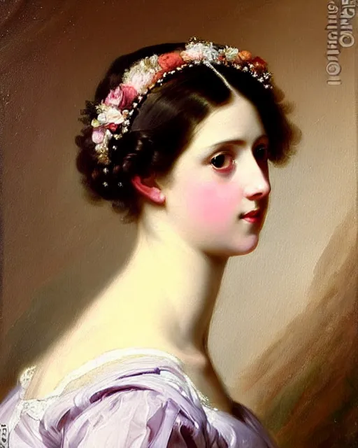 Image similar to beautiful painting of a young german princess with short hair by franz xaver winterhalter, full body painting, oil on canvas, romanticism, intricate details, highly detailed, 1 8 4 0 s style painitngs