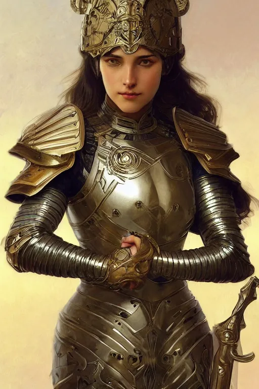 Image similar to a female knight in intricate armor, intricate, elegant, highly detailed, digital painting, artstation, concept art, smooth, sharp focus, illustration, art by artgerm and greg rutkowski and alphonse mucha and william - adolphe bouguereau