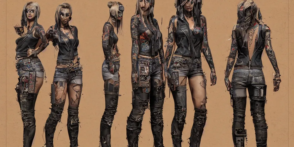 Prompt: portrait of a tattooed cyberpunk bartender, wearing scratched and ripped leather shorts and a short jacket full of stamps and stitches, character sheet, fine details, concept design, contrast, brigitte bardot, kim jung gi, greg rutkowski, trending on artstation, 8 k, full body, turnaround, front view, back view, ultra wide angle