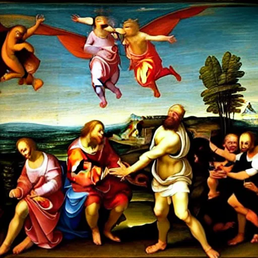 Image similar to renaissance painting of a flying car