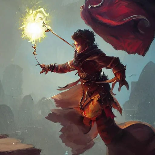 Image similar to beautiful painting of a very short and small male halfing bard from pathfinder, casting fireball, painted by greg rutkowski