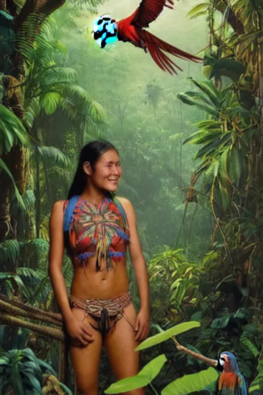 Prompt: an indigenous ecuadorian huaorani young woman enjoying with a vr headset in the jungle, macaws, poster art by daniele caruso, benediktus budi, jason edmiston, vc johnson, powell peralta, volumetric light, foggy ambience