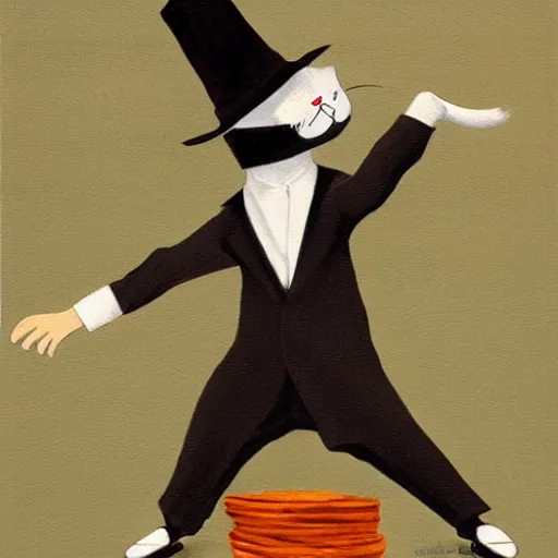 Image similar to a painting of a hasidic humanoid cat doing breakdance for money by miyazaki