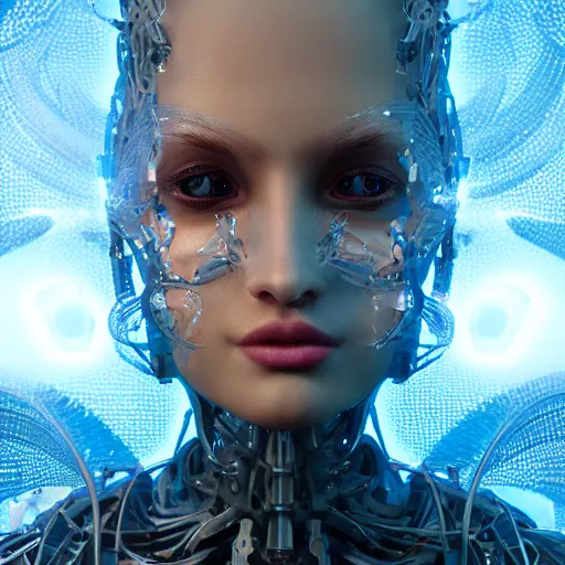 Image similar to beautiful impish biomechanical incredible technological hair, masterpiece crystalline incrustations, hyper - detailed face, elegant pose, movie still, intricate, octane render, cinematic lighting, cgsociety, unreal engine,