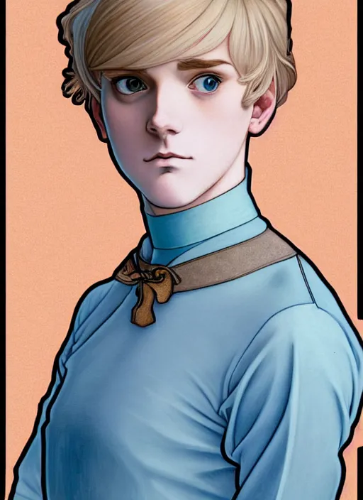 Image similar to art nouveau portrait of a pretty young man with short blond hair, light blue eyes, sad expression, scared, head down, shy and demure, wearing a choker collar, natural lighting, path traced, highly detailed, high quality, cartoon, digital painting, by don bluth and ross tran and studio ghibli and alphonse mucha