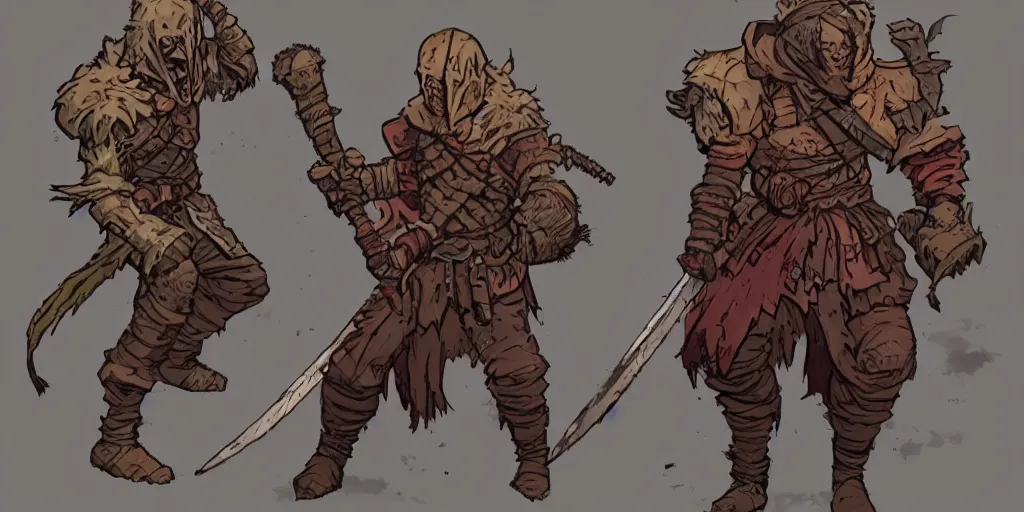 Image similar to warrior character design, idle, colored, sword, sprite, darkest dungeon, pc game, sideview, art by moebius and greg rutkowski.