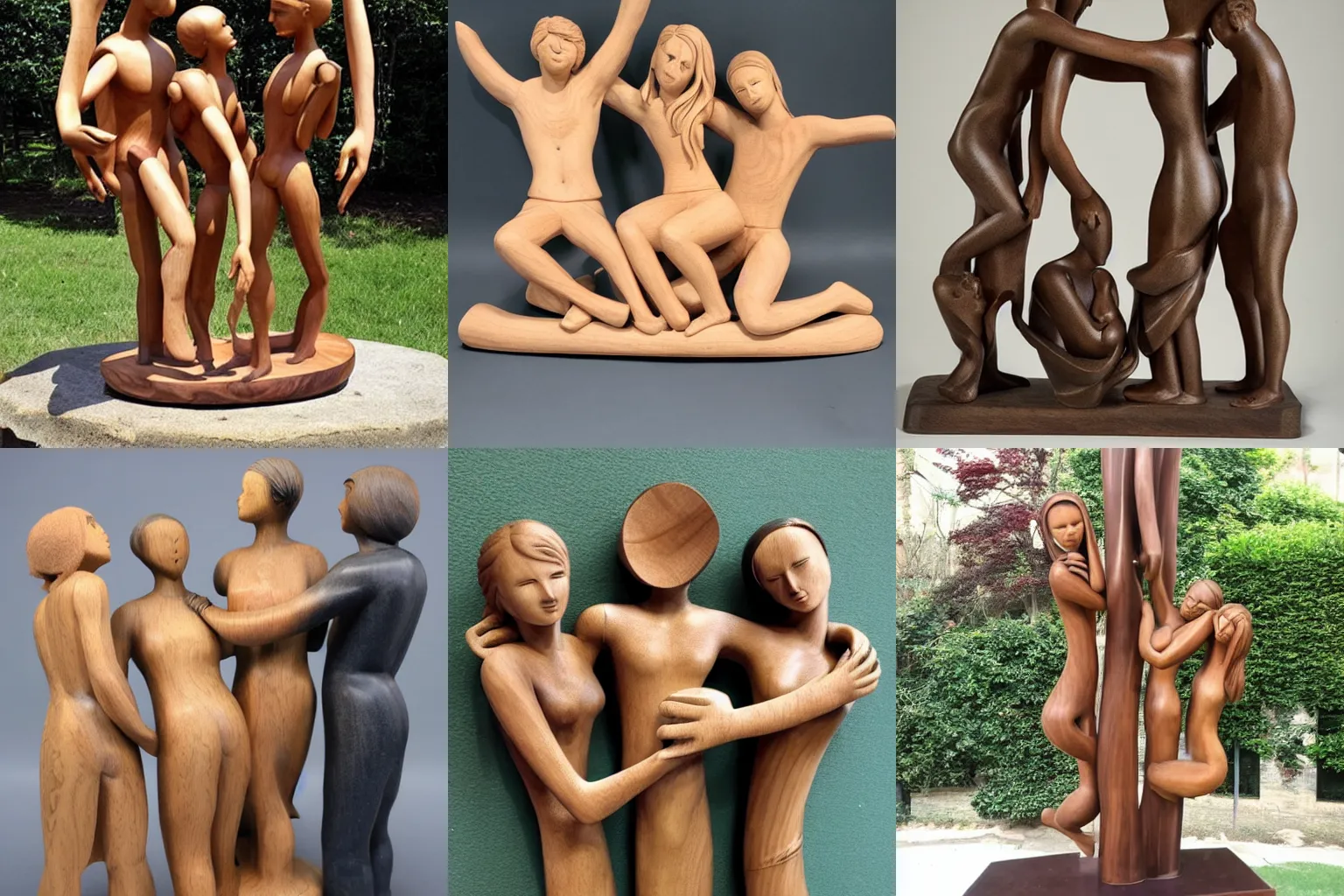 Prompt: flowy wood sculpture of three beautiful androgynous polyamorous diverse people caressing