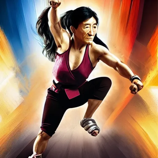 Image similar to Jackie Chan as an amazonian woman in karate pose holding a broom, wide full body, movie poster, realistic hyper detailed concept art