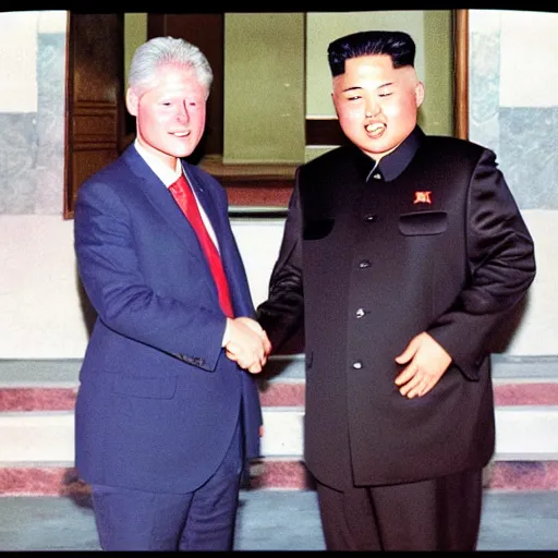 Prompt: bill clinton shaking hands with kim jong un, vhs, old photograph