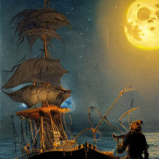Prompt: a giant anglerfish luring a pirate standing on a ship in the night with a full moon