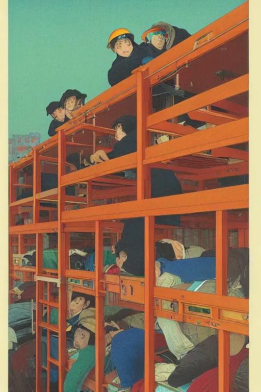 Prompt: workers exploited, living in hostels with bunk beds stacked on top of one another, by kawase hasui, moebius and edward hopper, colorful flat surreal design, hd, 8 k, artstation