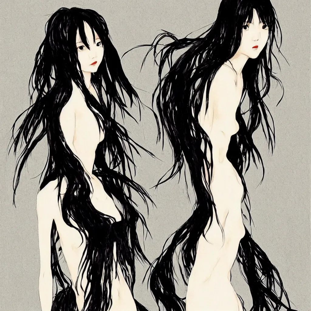 Prompt: Harry Weisburd Artwork Black Wet Hair, Hachishakusama wearing a long absurd white gown, Eight-Feet-Tall, #One shot Goddess, Full Body abnormal