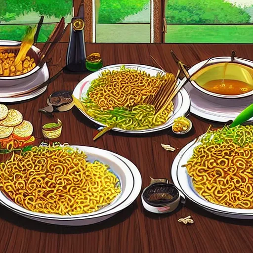Image similar to a group of komodo dragons having a feast consisting of only indomie instant noodles on a fancy dining table, cartoon style