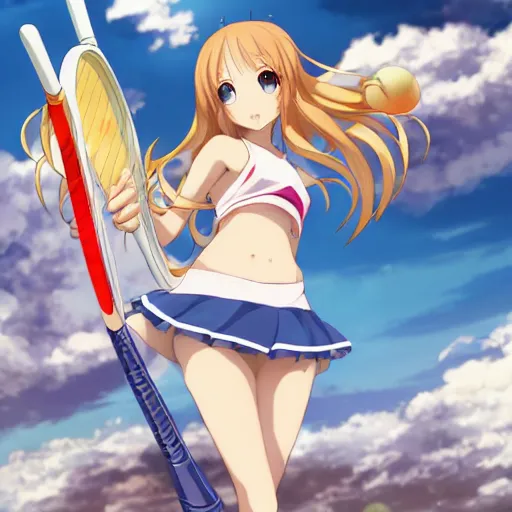 Prompt: a very beautiful young anime tennis yuuki asuna, full body, long wavy blond hair, sky blue eyes, full round face, bikini, miniskirt, front view, mid - shot, highly detailed, cinematic wallpaper by stanley artgerm lau