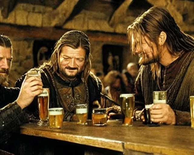 Image similar to Ned Stark and Boromir drinking beer in a pub, Film still, high detail