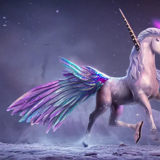 Prompt: a iridescent unicorn with wings is wounded in the snow, trail of blood follows behind it, nuclear winter, toxic smog in the sky, ultra realistic, concept art, intricate details, highly detailed, photorealistic, octane render, 8 k, style of mary jackson