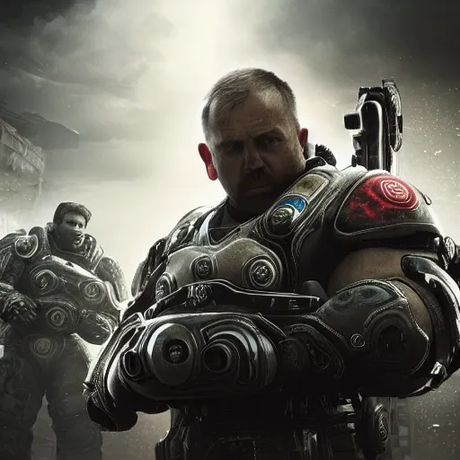 Image similar to christopher hitchens in gears of war, splash art, movie still, cinematic lighting, ray tracing, detailed face, octane render, long lens, shallow depth of field, bokeh, anamorphic lens flare, 8 k, hyper detailed, 3 5 mm film grain