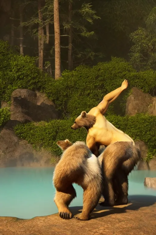 Prompt: fullbody portrait of a bear and a wolf playing capoeira in a hot spring. volumetric light, detailed, photorealistic, fantasy, rendered in octane