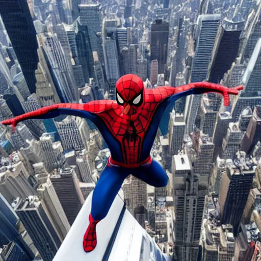 Prompt: marvel spider - man arms out from back standing on top of the empire state building