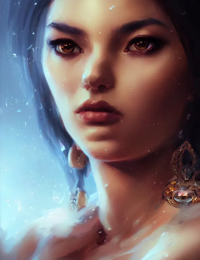 Prompt: blurred background. close-up portrait of a goddess in crown, by Artgerm and greg rutkowski