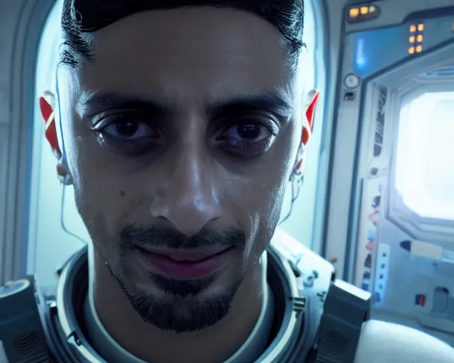 Image similar to highly detailed portrait of riz ahmed as an android in a space shuttle, in detroit : become human, stephen bliss, unreal engine, fantasy art by greg rutkowski, loish, rhads, ferdinand knab, makoto shinkai and lois van baarle, ilya kuvshinov, rossdraws, tom bagshaw, global illumination, radiant light, detailed and intricate environment