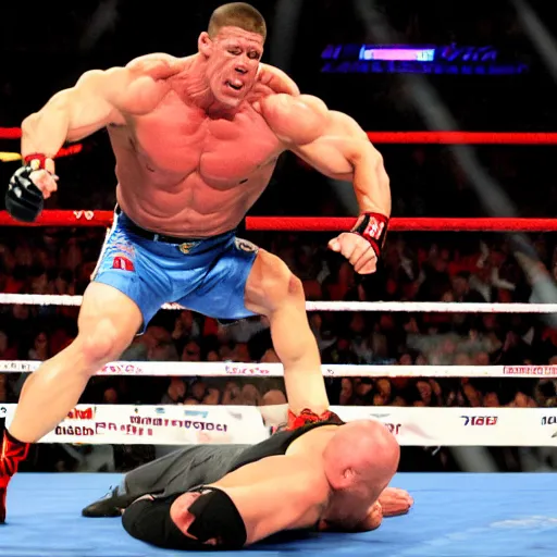 Prompt: the peacemaker john cena kicking a down down