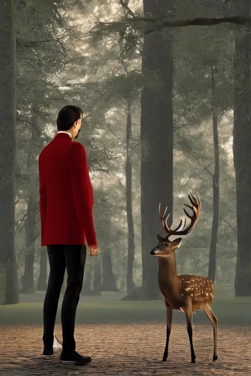 Image similar to a deer wearing a white formal coat conversing with a crow wearing a red formal coat, hyperrealistic, concept art, octane render, unreal engine 5, trending on DeviantArt, highly detailed, high quality, 8K, soft lighting, cute, natural lighting, realistic face, trending on Artstation, elegant clothes, profile picture, path traced, house background