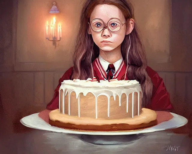 Image similar to Forrest gump eating a cake in hogwarts, digital art, highly detailed, in the style of Mandy Jurgens