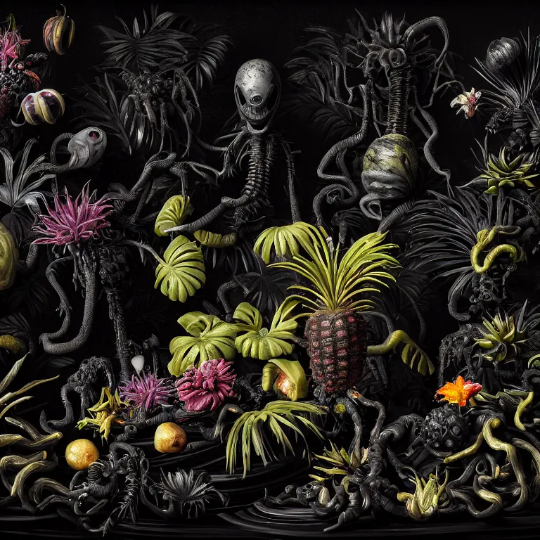 Image similar to still life of surreal alien black tropical flowers, rotten moldy black mold, surreal alien ribbed black tropical fruit, black human spine, black background baroque painting, beautiful detailed intricate insanely detailed octane render, 8K artistic photography, photorealistic, chiaroscuro, Raphael, Caravaggio