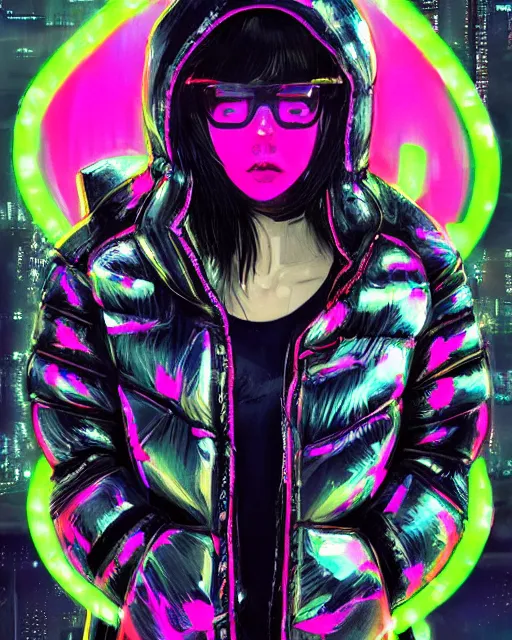 Image similar to detailed portrait Neon Operator Girl, cyberpunk futuristic neon, reflective puffer jacket, black leggings, decorated with traditional Japanese ornaments by Ismail inceoglu dragan bibin hans thoma !dream detailed portrait Neon Operator Girl, cyberpunk futuristic neon, reflective puffy coat, decorated with traditional Japanese ornaments by Ismail inceoglu dragan bibin hans thoma greg rutkowski Alexandros Pyromallis Nekro Rene Maritte Illustrated, Perfect face, fine details, realistic shaded, fine-face, pretty face