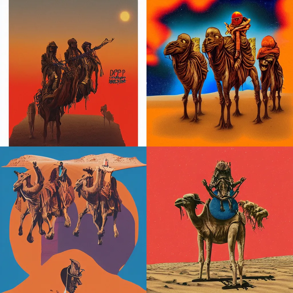 Prompt: arik roper style surreal grungy illustration of cloaked donald trump riding four alien camels on the album cover art of dopesmoker by sleep, gouache, mars, brown red blue, donald trump face, paper texture, faded colors