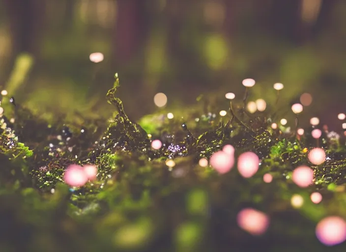 Image similar to a magical forest with delicate flowers and mushrooms that glow in the dusk, macro close up, bokeh,