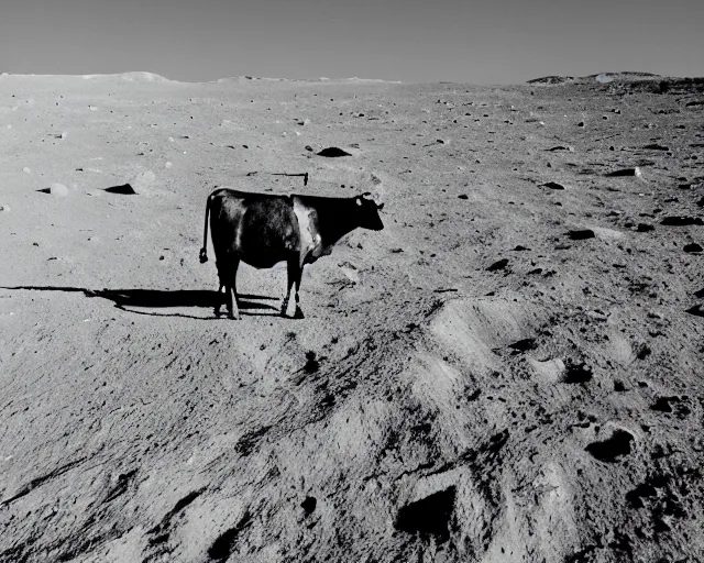 Image similar to a vintage photo of a cow on the moon, earth in distance