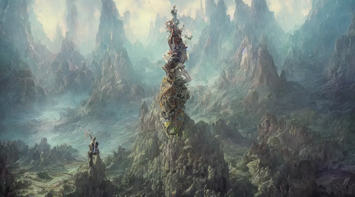 Prompt: the world\'s tallest tower, landscape, digital painting, realistic setting with muted colors, Peter Mohrbacher, Alphonse Mucha, Brian Froud, Yoshitaka Amano, Kim Keever, Victo Ngai, James Jean