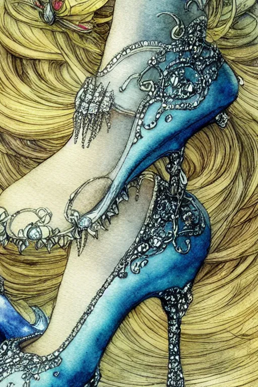 Image similar to closeup foot shot of cinderella crystal slipper, fantasy art, trending on artstation, sleeping beauty fairytale, art by luis royo and walter crane and kay nielsen, watercolor illustration,