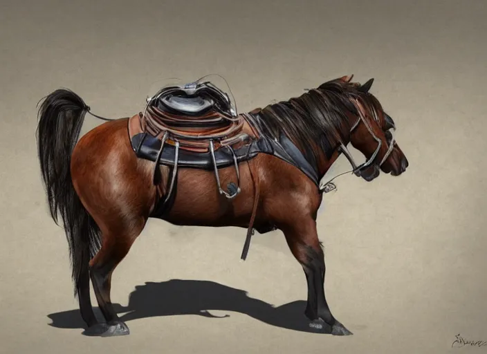 Image similar to concept art of algie infected stallion, carrying a saddle bag, digital art, photo realistic, highly detailed