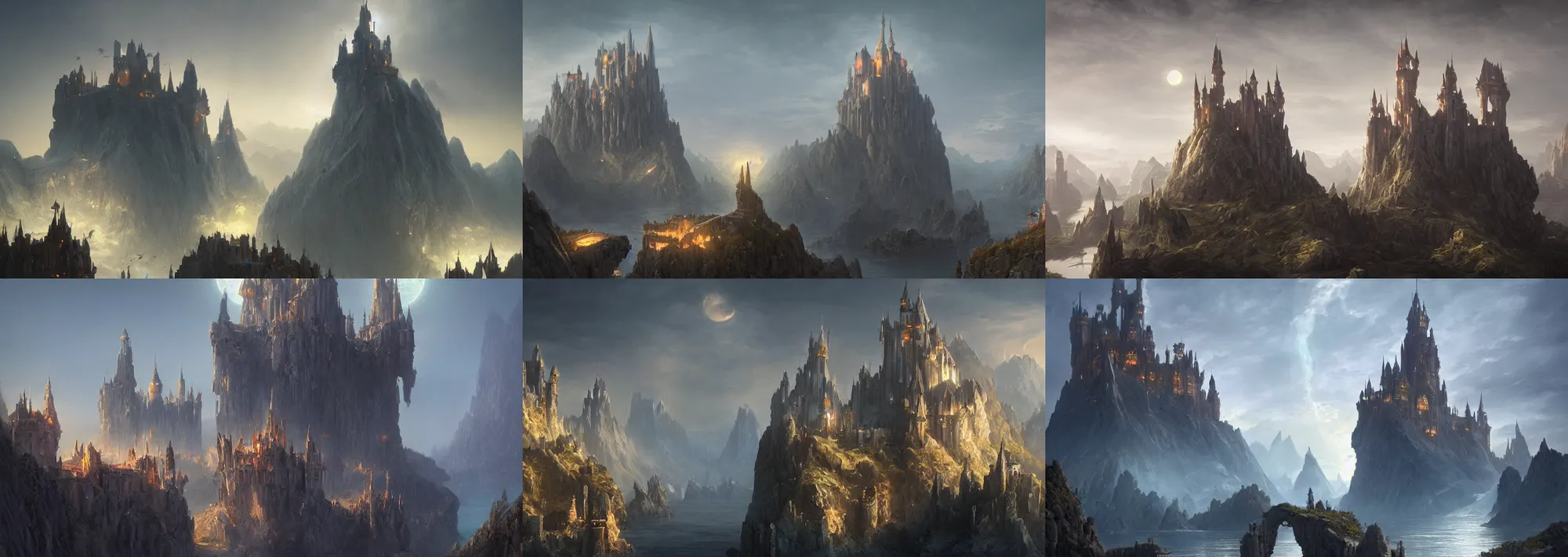 Prompt: futuristic fantasy castle surrounded by floating mountains, by Greg Rutkowski and Raphael Lacoste, detailed, masterpiece, volumetric lighting, 8k