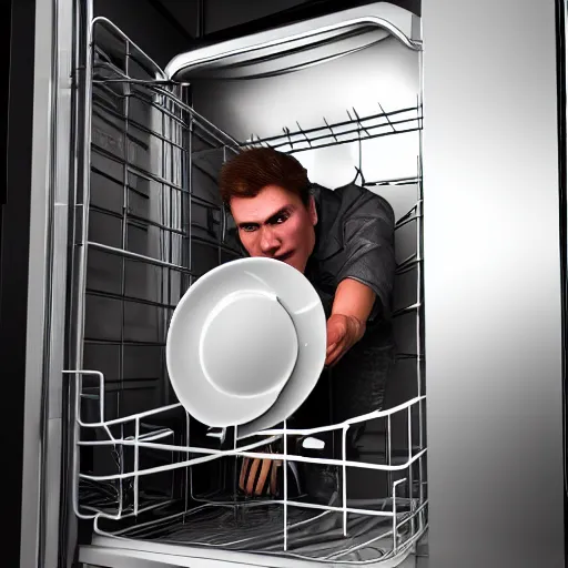 Prompt: jerma 3 4 5 1 stuck in the dishwasher he can't get out, realistic, hdr, clear image, hdd, dynamic lighting,