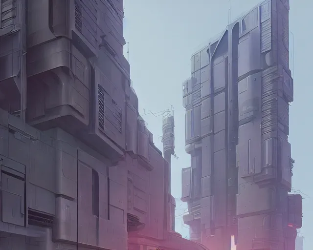 Prompt: cyberpunk factory building by ralph mcquarrie and beeple, trending on artstation