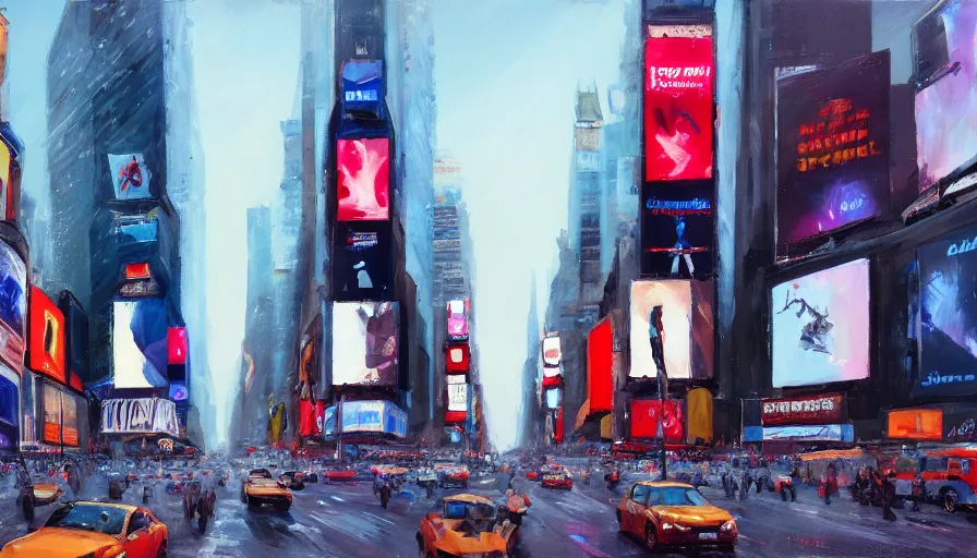 Image similar to times square cinematic shot, oil painting by jama jurabaev, extremely detailed, brush hard, artstation, for aaa game, high quality, brush stroke