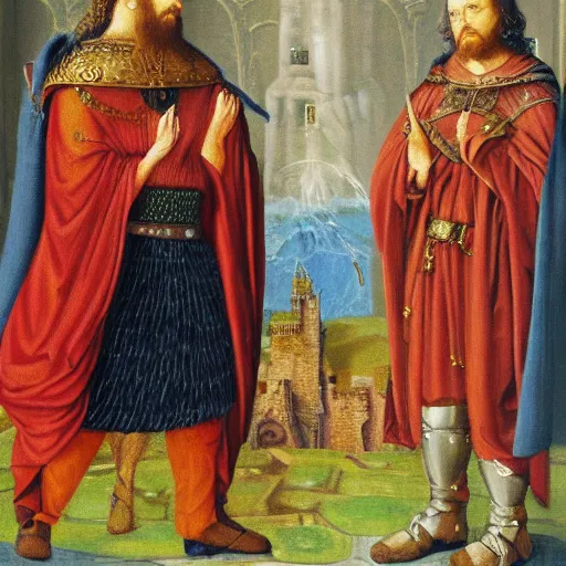 Prompt: Portrait of King Arthur and Merlin, oil canvas