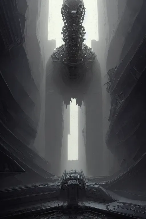 Image similar to professional concept art of a symmetrical! ominous floating mechanical steel terrifying giant monster thing in a dark room by artgerm and greg rutkowski. an intricate, space, elegant, highly detailed digital painting, concept art, smooth, sharp centred focus, illustration, cubism, in the style of cam sykes, wayne barlowe, igor kieryluk.