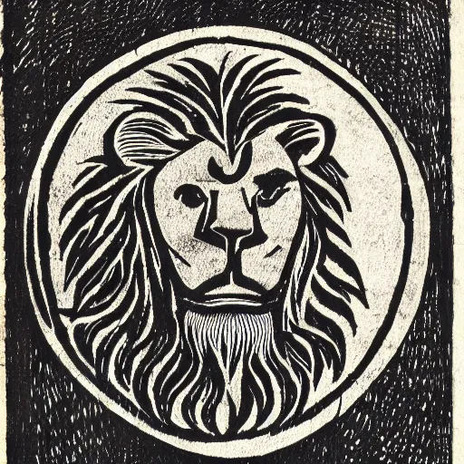 Prompt: woodcut image of a part man part lion