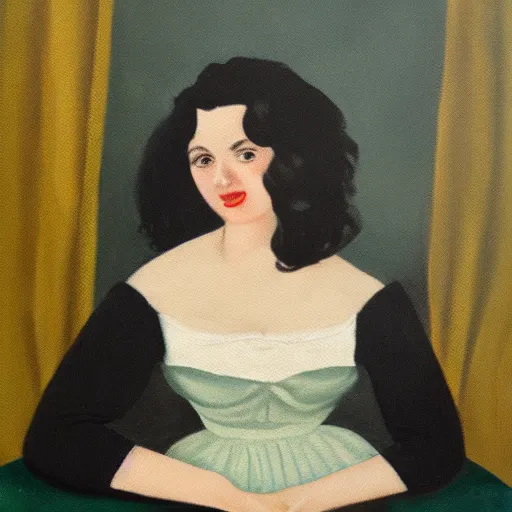 Image similar to a close up of a young woman from the fifties, seated in front of a landscape background, her black hair is a long curly, she wears a dark green dress, pleated in the front with yellow sleeves, puts her right hand on her left hand, oil painting