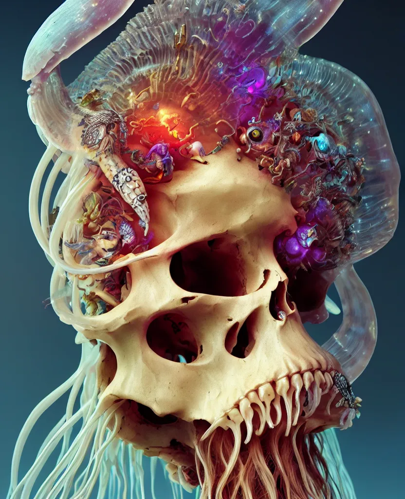 Image similar to goddess close-up portrait animal skull. jellyfish phoenix head, nautilus, orchid, skull, betta fish, bioluminiscent creatures, intricate artwork by Tooth Wu and wlop and beeple. octane render, trending on artstation, greg rutkowski very coherent symmetrical artwork. cinematic, hyper realism, high detail, octane render, 8k