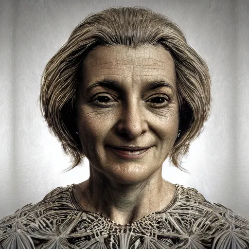 Prompt: Photorealistic image of a woman's portrait from the mandelbulb pattern