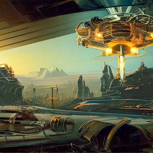 Image similar to painting of syd mead artlilery scifi tech with ornate metal work lands in country landscape, filigree ornaments, volumetric lights, simon stalenhag