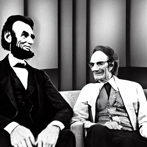 Prompt: high resolution photograph of a smiling Abraham Lincoln sitting on a couch taking questions from Richard Alva Cavett sitting behind a desk during a 1968 talk show