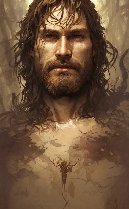 Prompt: portrait of the god of the forest, 30 years old, rugged, male, gorgeous, detailed face, amazing, thighs!!!!!!, muscular, intricate, highly detailed, digital painting, artstation, concept art, sharp focus, illustration, art by greg rutkowski and alphonse mucha