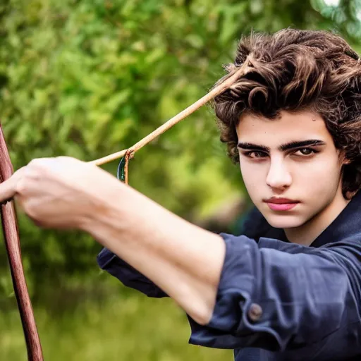 Prompt: a handsome Mediterranean 17 year old man in Biblical clothes holding a slingshot, DSLR photography